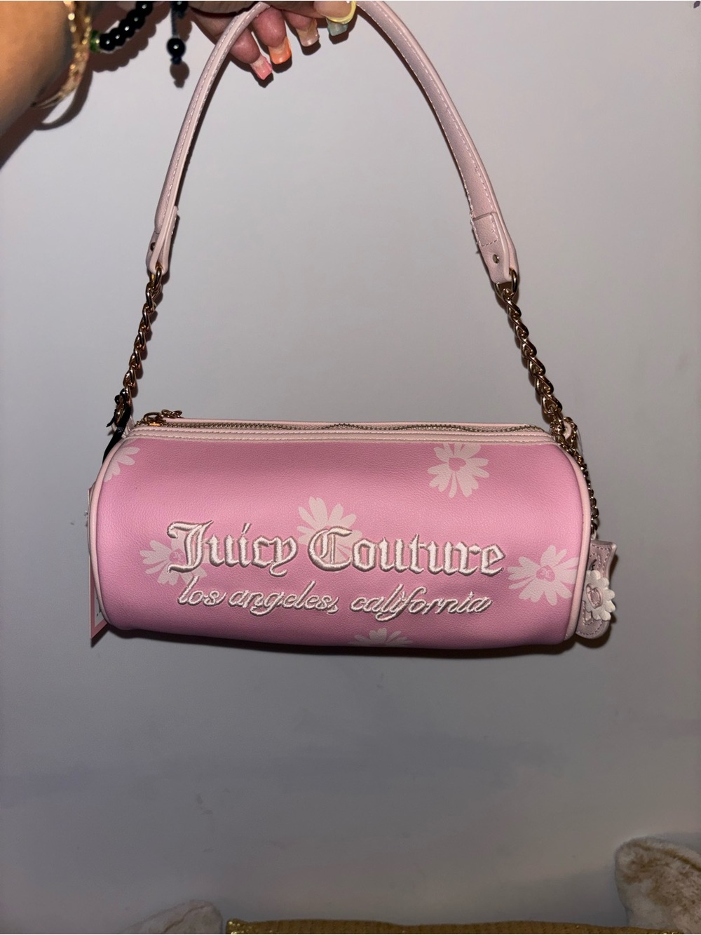 Juicy Couture Pink Daisy Barrel Shoulder Bag with Gold Chain
